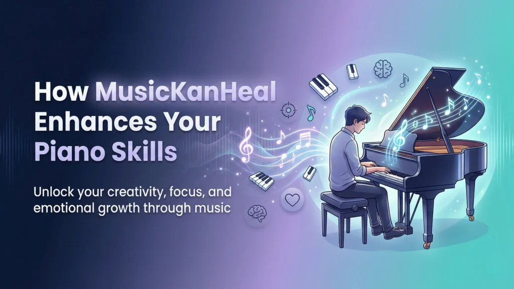 Person playing grand piano with musical notes, icons, and text “How MusicKanHeal Enhances Your Piano Skills”