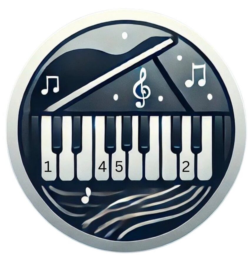 MusicKanHeal logo featuring piano keys with numbered notes and musical symbols representing the MKH piano learning method