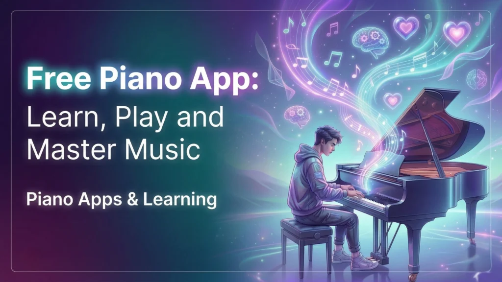 young person playing grand piano with colourful musical notes and hearts floating