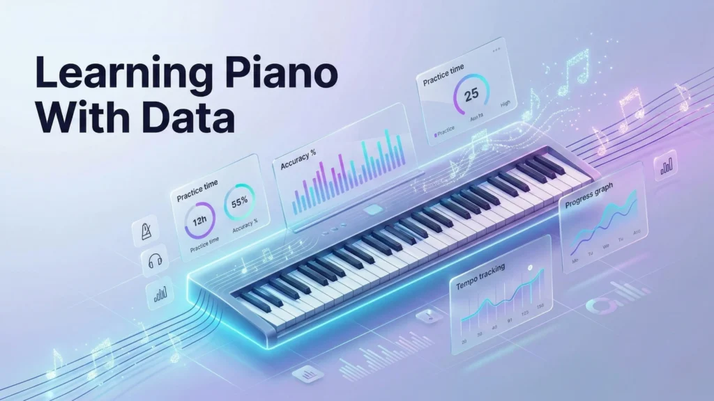 Learning piano with data infographic showing practice time, accuracy, tempo tracking, and progress graph with MusickanHeal.