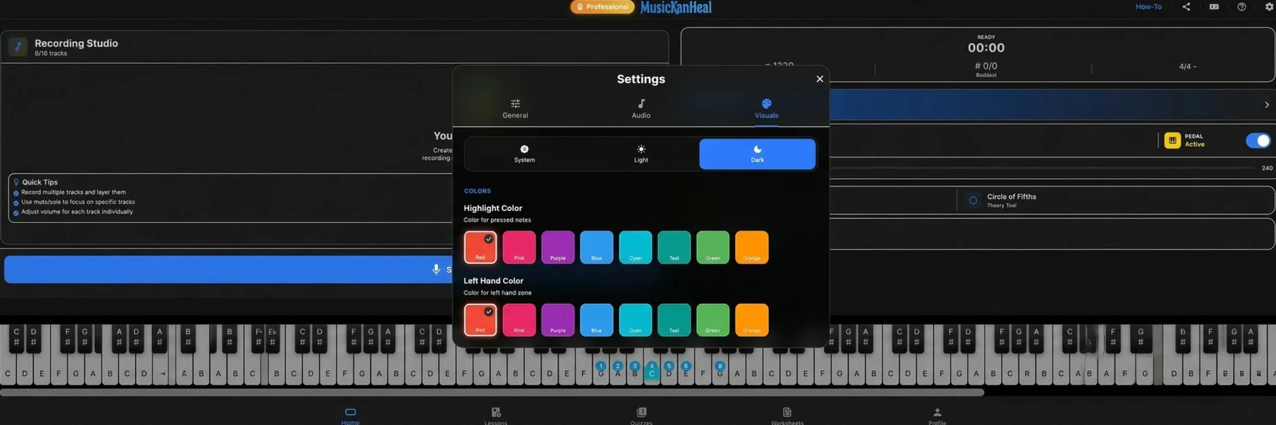 Visual settings menu showing custom key colors and dark mode options.