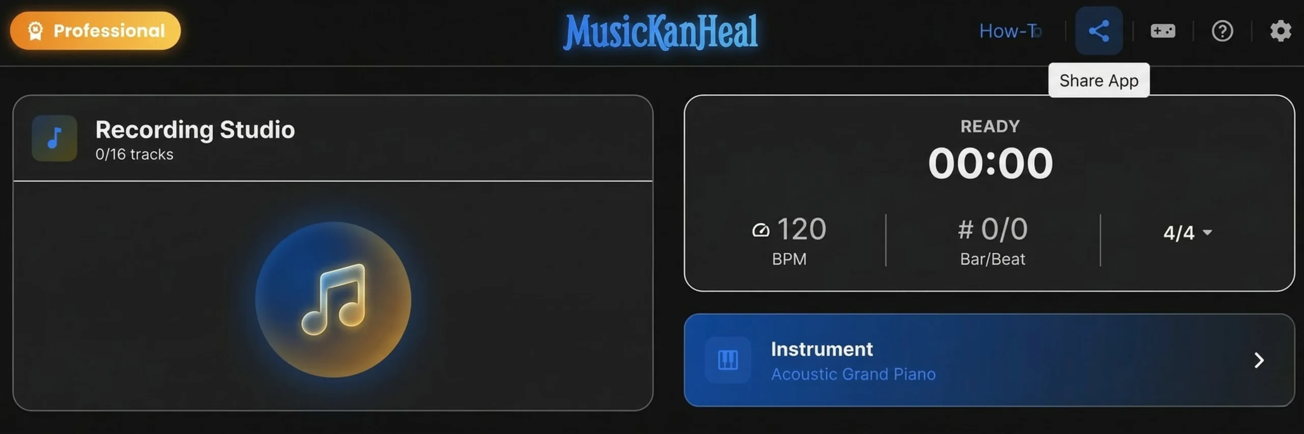 Share app button on the MusicKanHeal top navigation bar.