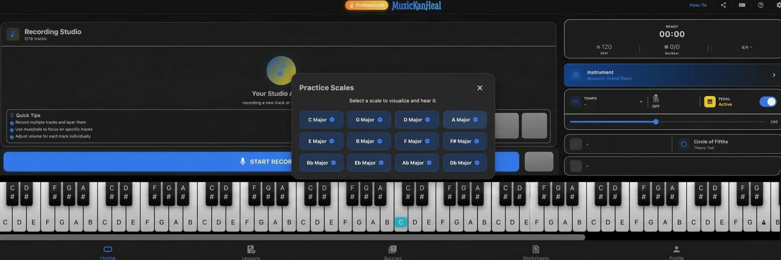 Practice scales menu on the MusicKanHeal digital piano app.