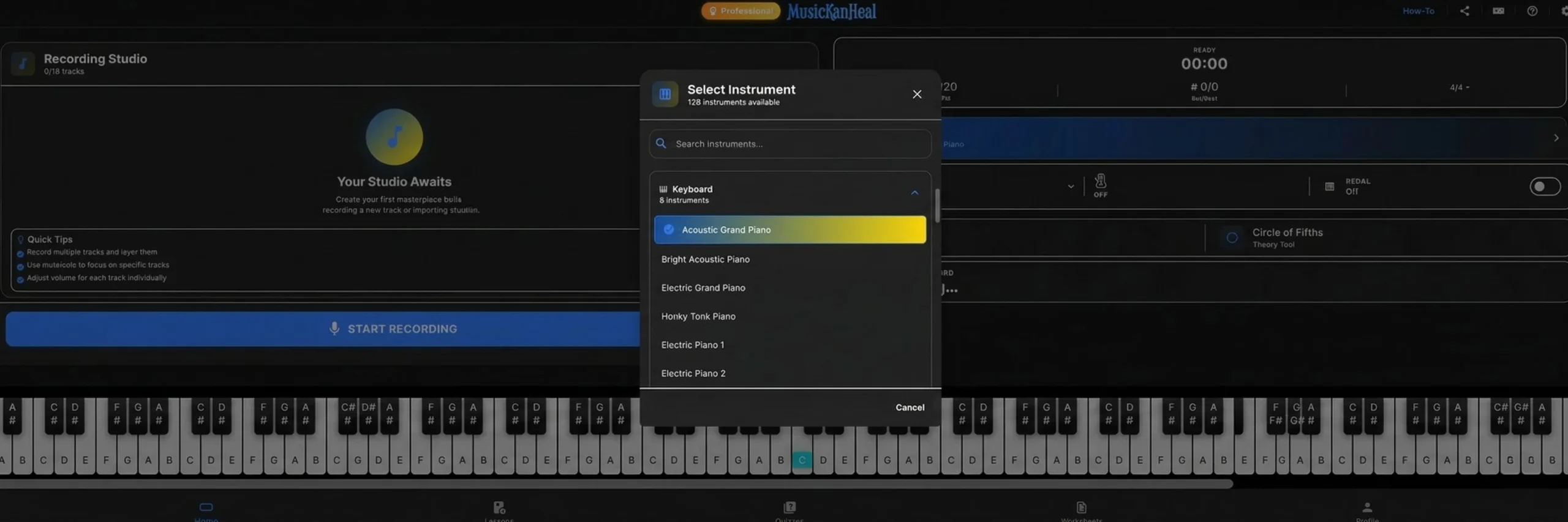 Keyboard instrument category showing acoustic and electric piano options.