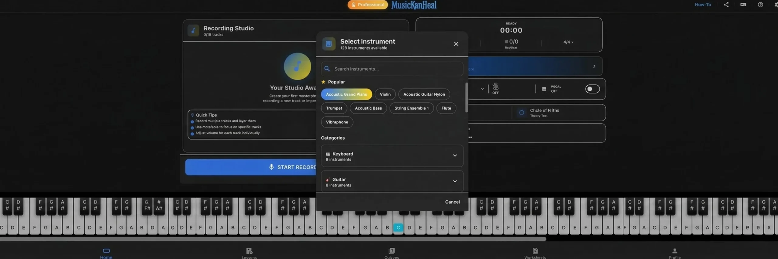 Instrument selection menu showing popular instruments like acoustic guitar and violin.