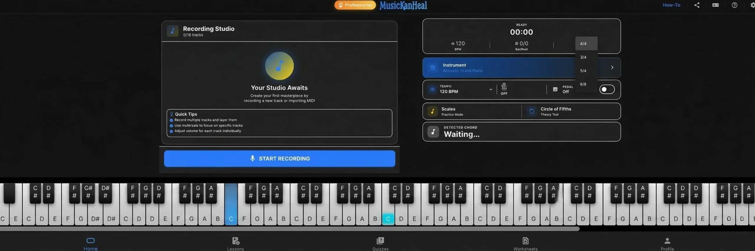 Selecting time signatures like 4/4 and 3/4 in the recording studio dashboard.
