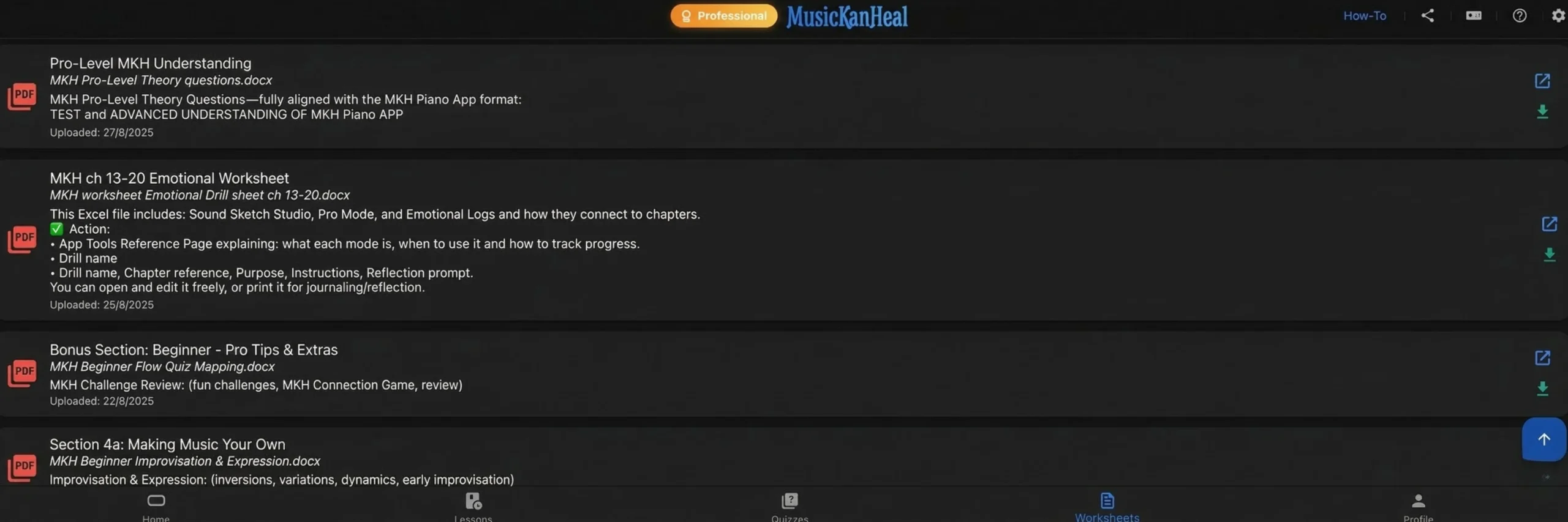 MusicKanHeal worksheets page with downloadable PDF and Word document music lessons.