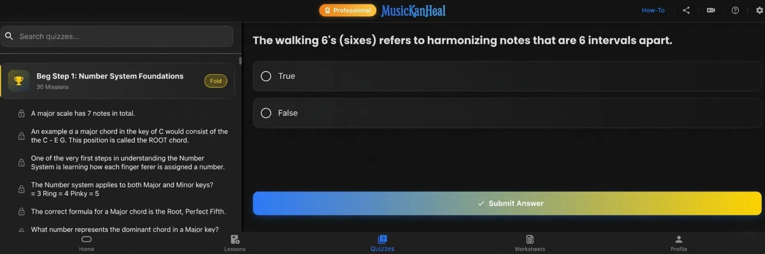 Interactive music theory quiz section in the MusicKanHeal app.
