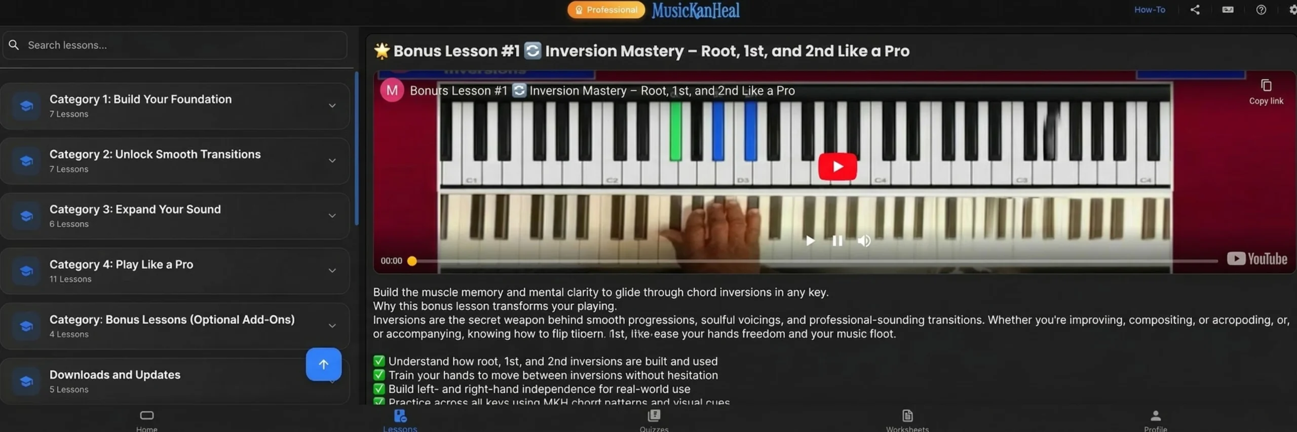 MusicKanHeal video lesson library showing a piano inversion mastery tutorial.