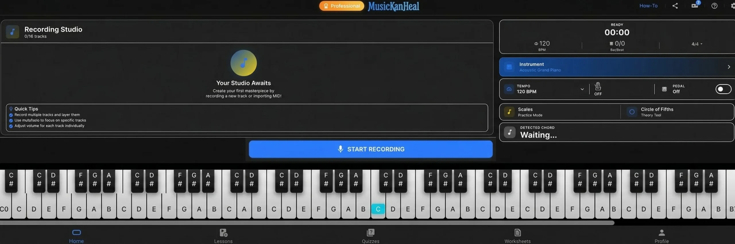 The complete MusicKanHeal digital recording studio dashboard and piano keyboard.