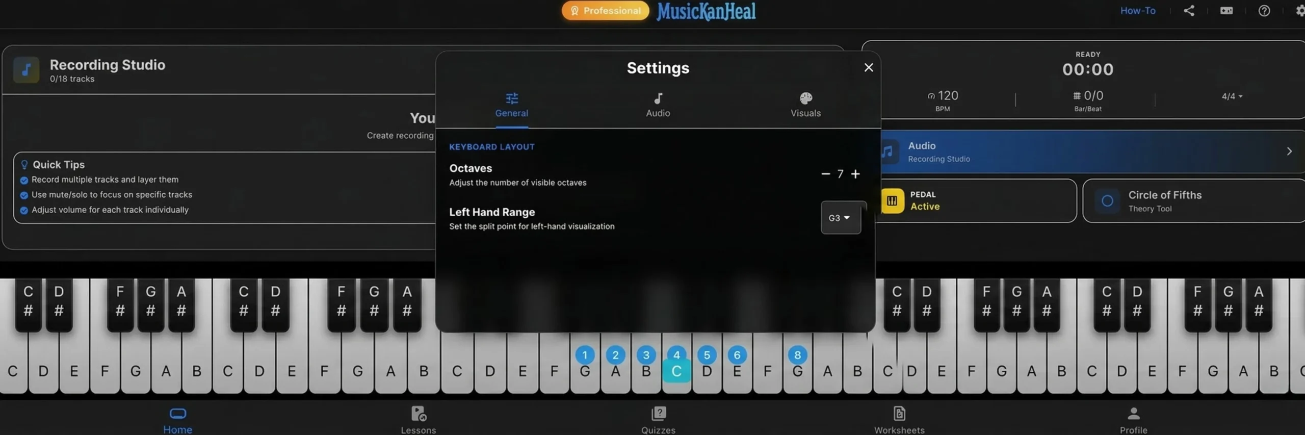 Keyboard layout settings showing octave adjustments and left-hand range.