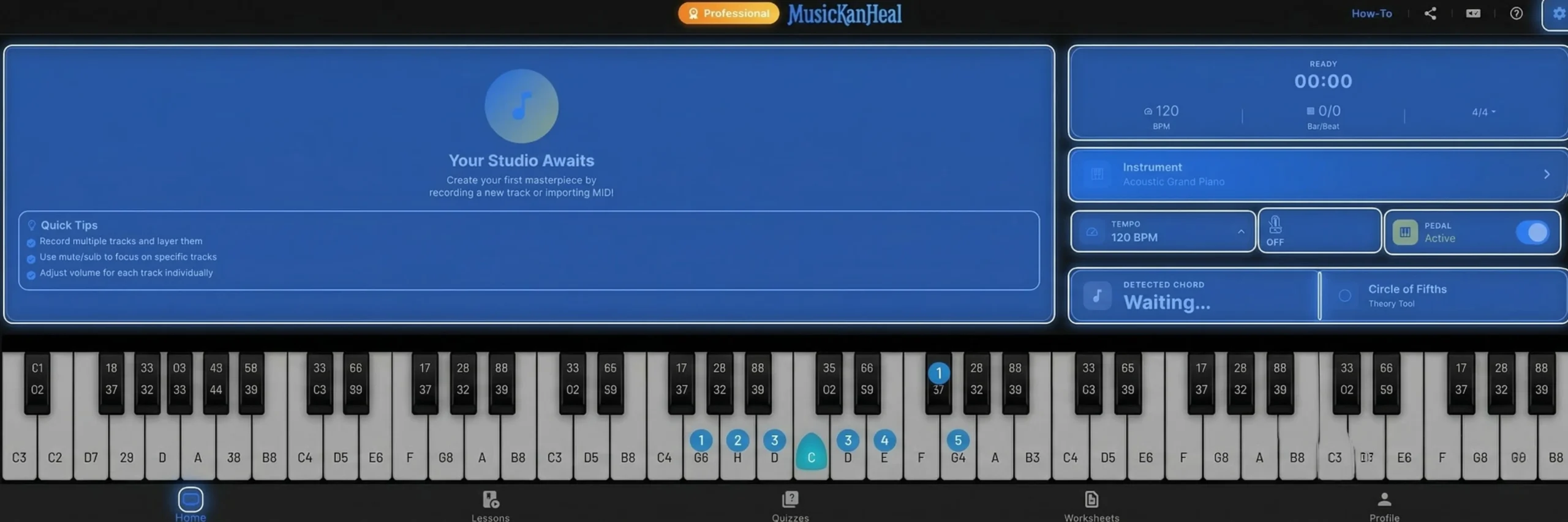 MusicKanHeal desktop recording studio interface with digital piano keyboard.