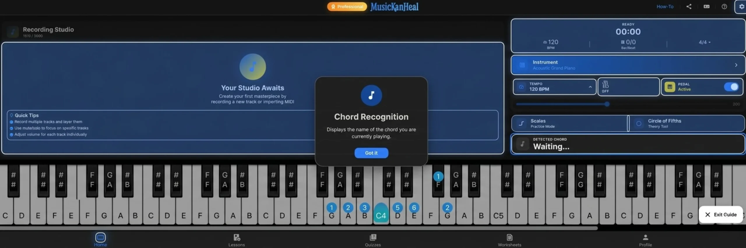 Chord recognition feature showing the name of the chord played on the digital piano.