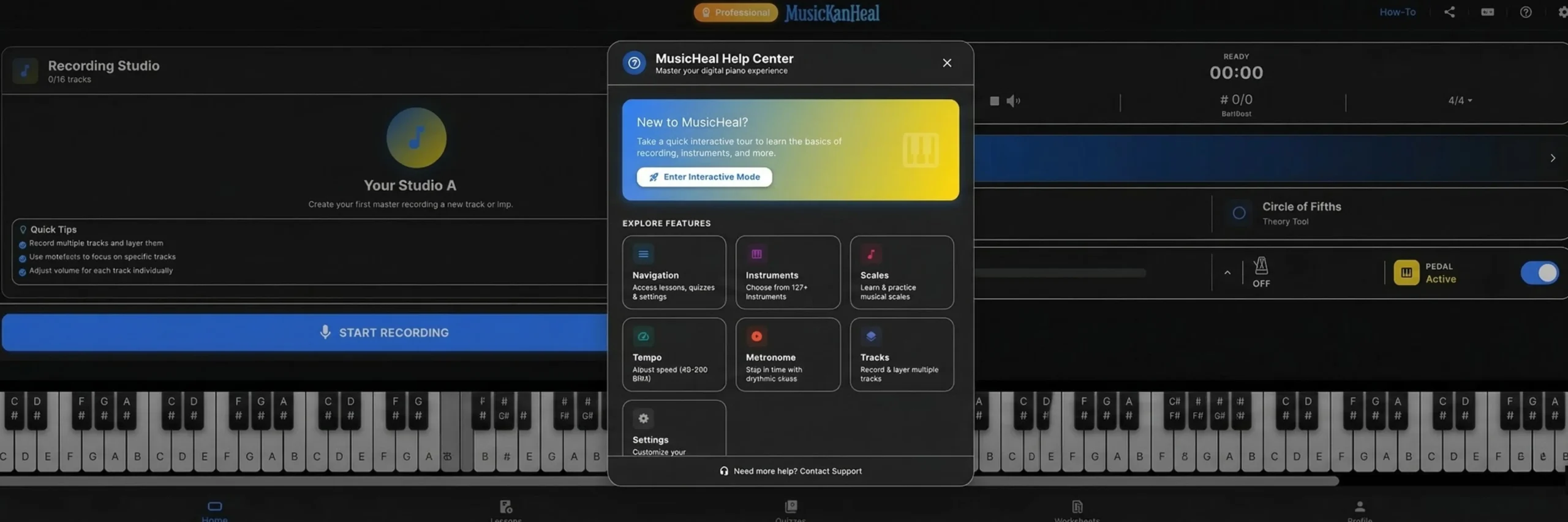 MusicKanHeal interactive help center and feature guide.