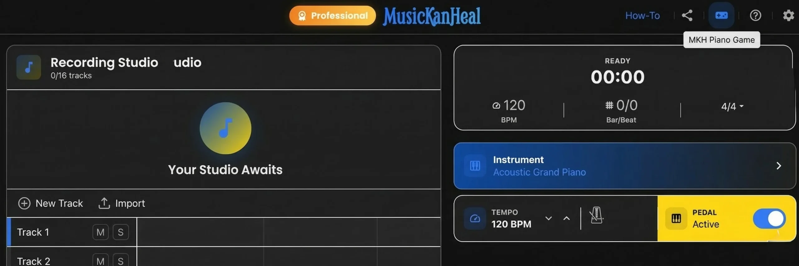 Launching the MKH Piano Game from the top menu bar.