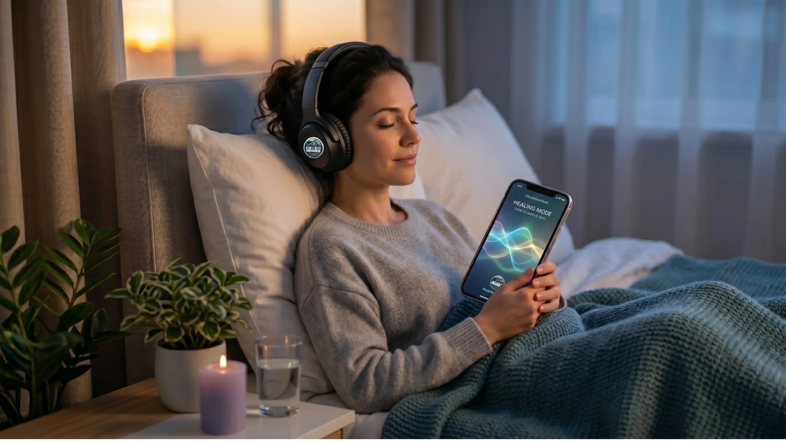 person using AI healing music for stress relief and sleep