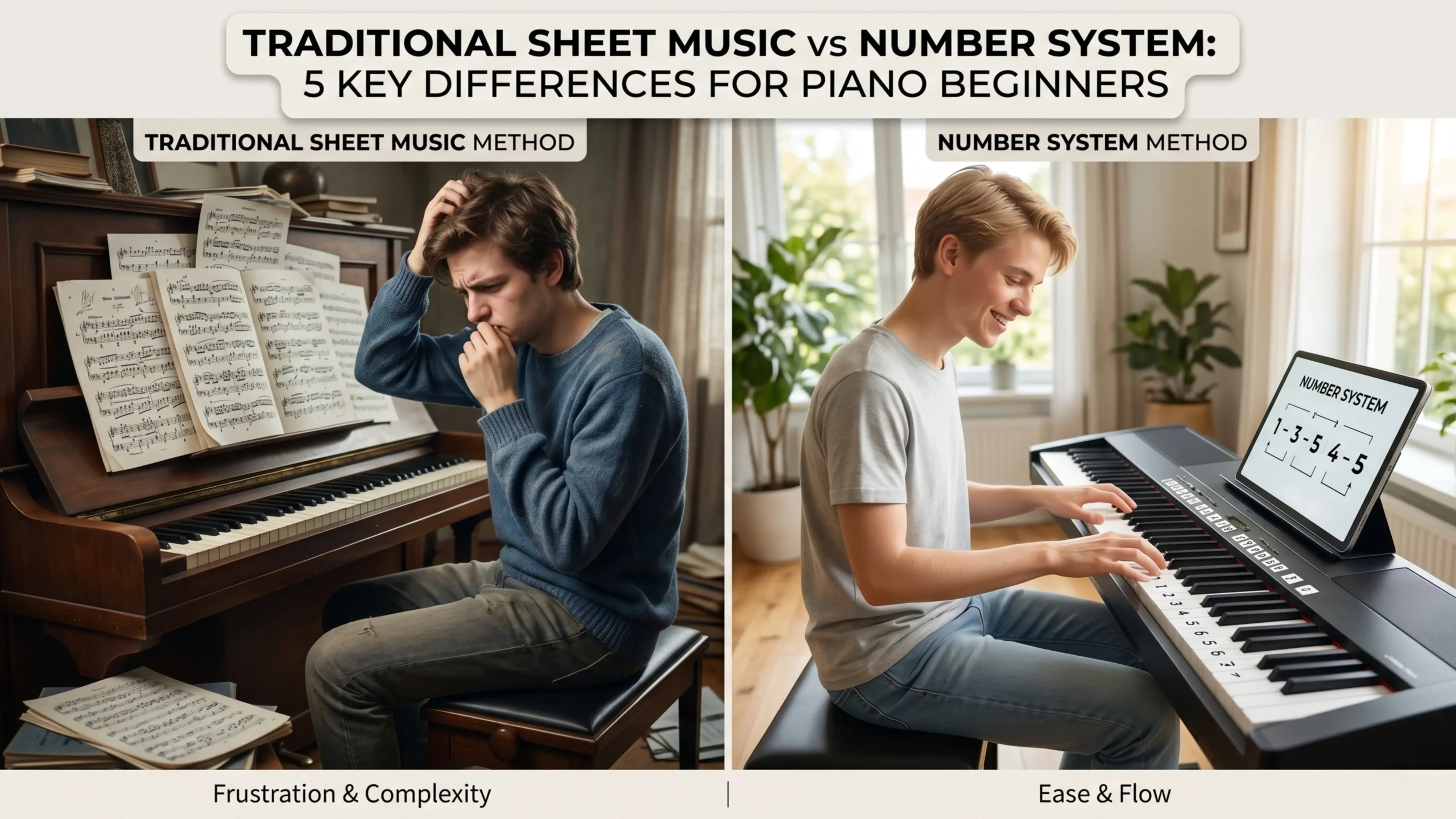 traditional sheet music vs number system comparison for piano beginners