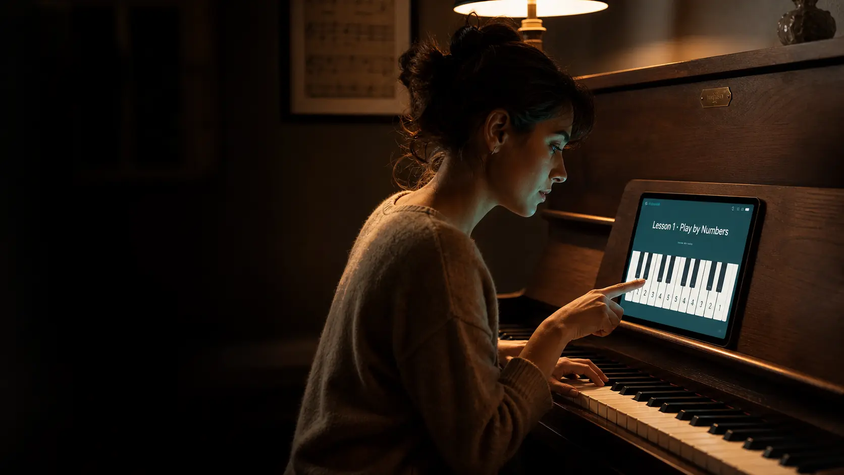 beginner finding the best piano app for beginners on a tablet next to keyboard