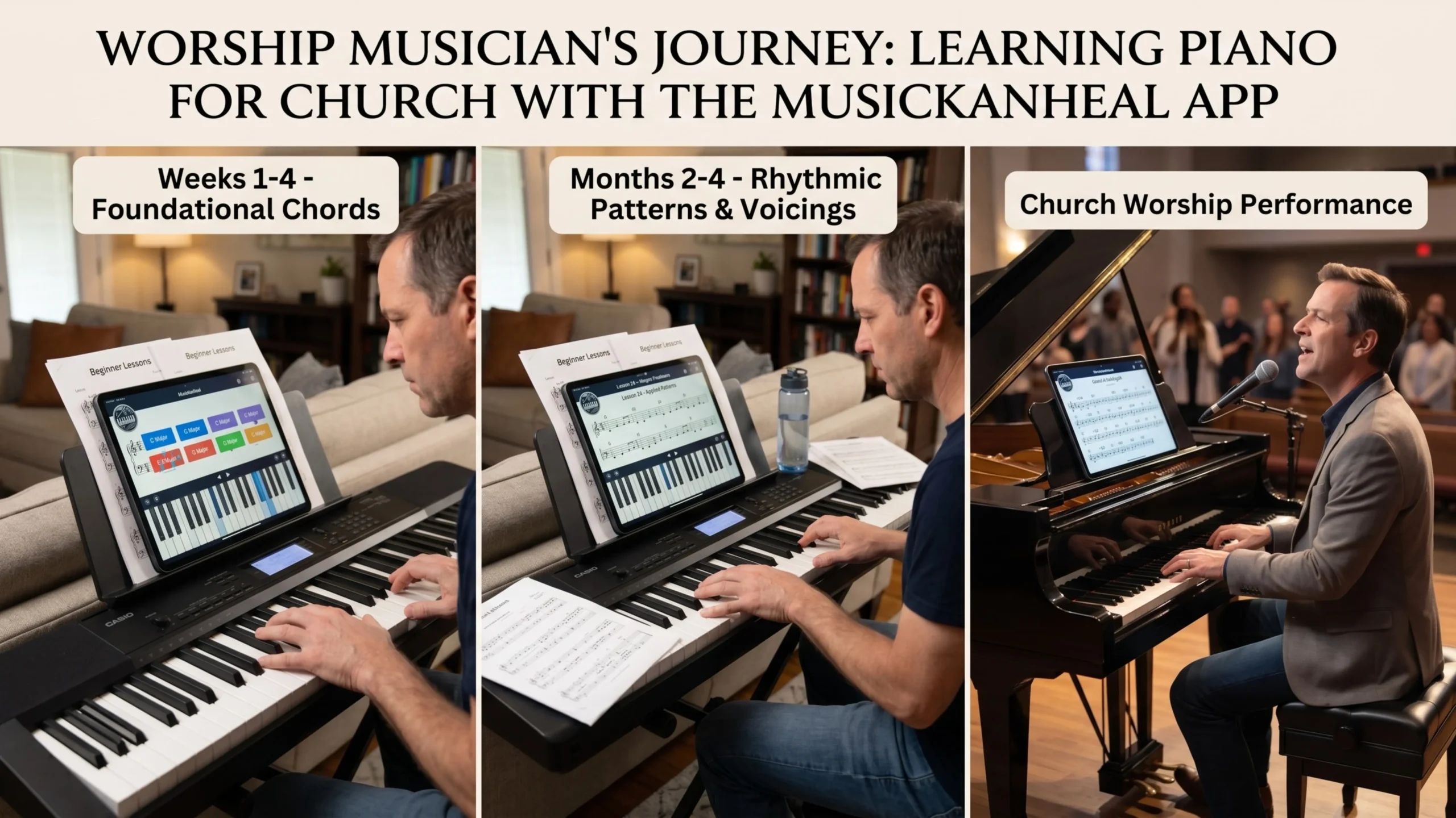 worship musician learning how long does it take to learn piano with an app for church