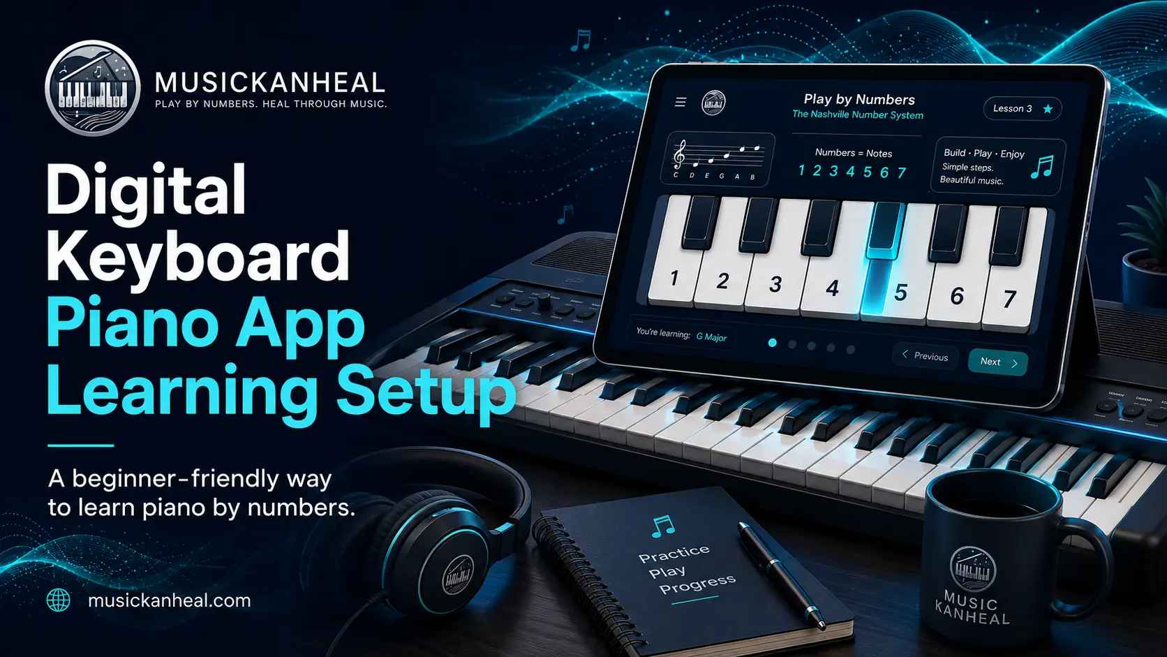 learn piano on an app with a digital keyboard and smartphone setup on a desk