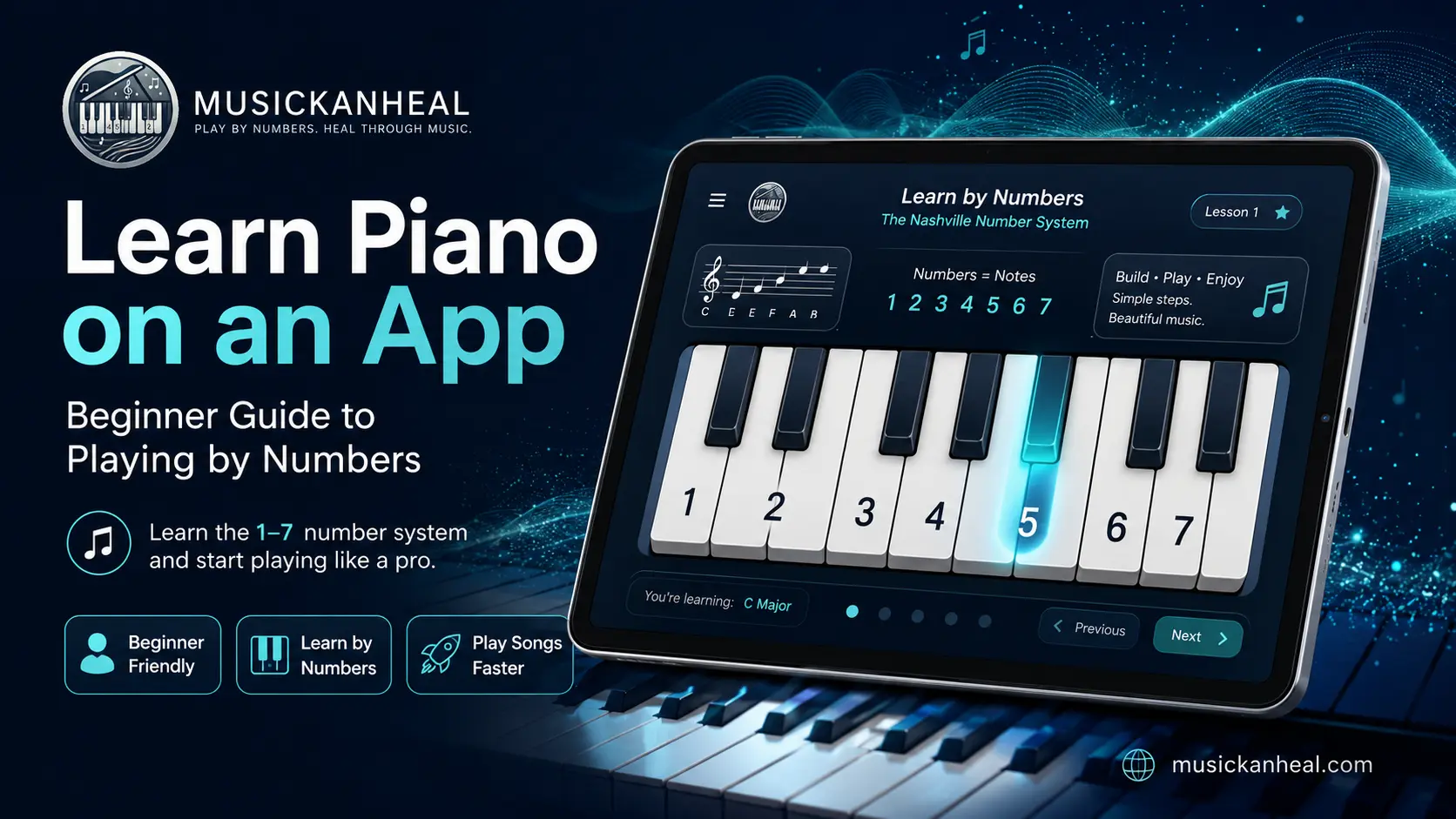 person learning piano on an app using a smartphone beside a keyboard