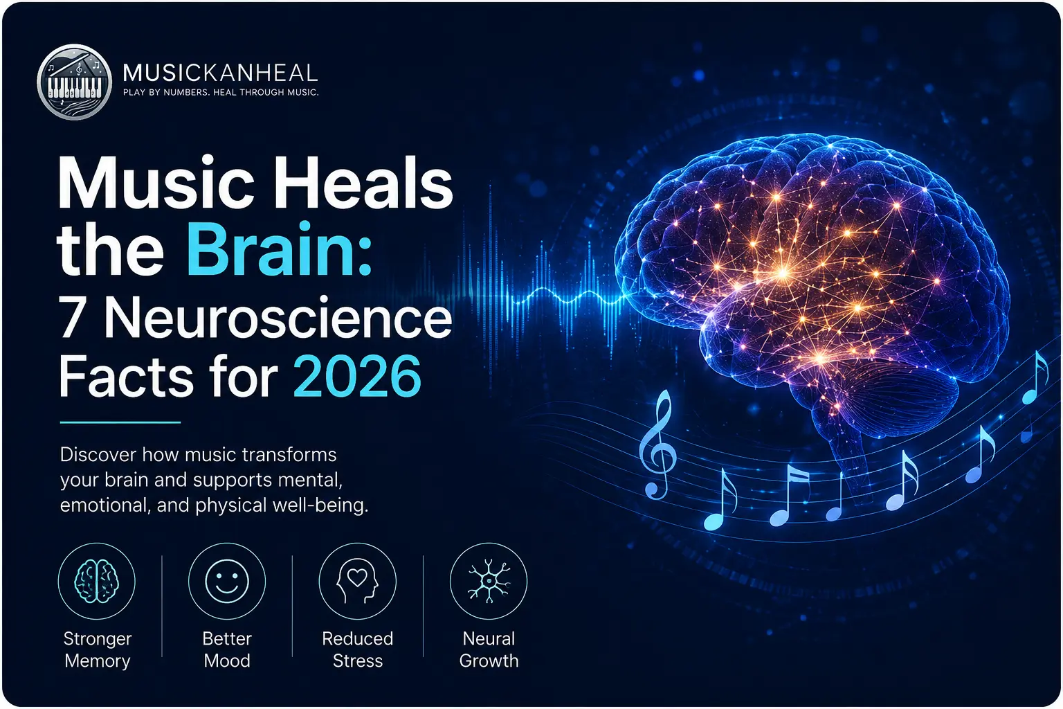 illustration of music heals the brain with neural connections lighting up around sound waves