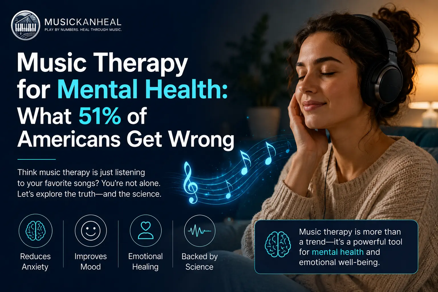 music therapy for mental health woman using headphones in calm setting