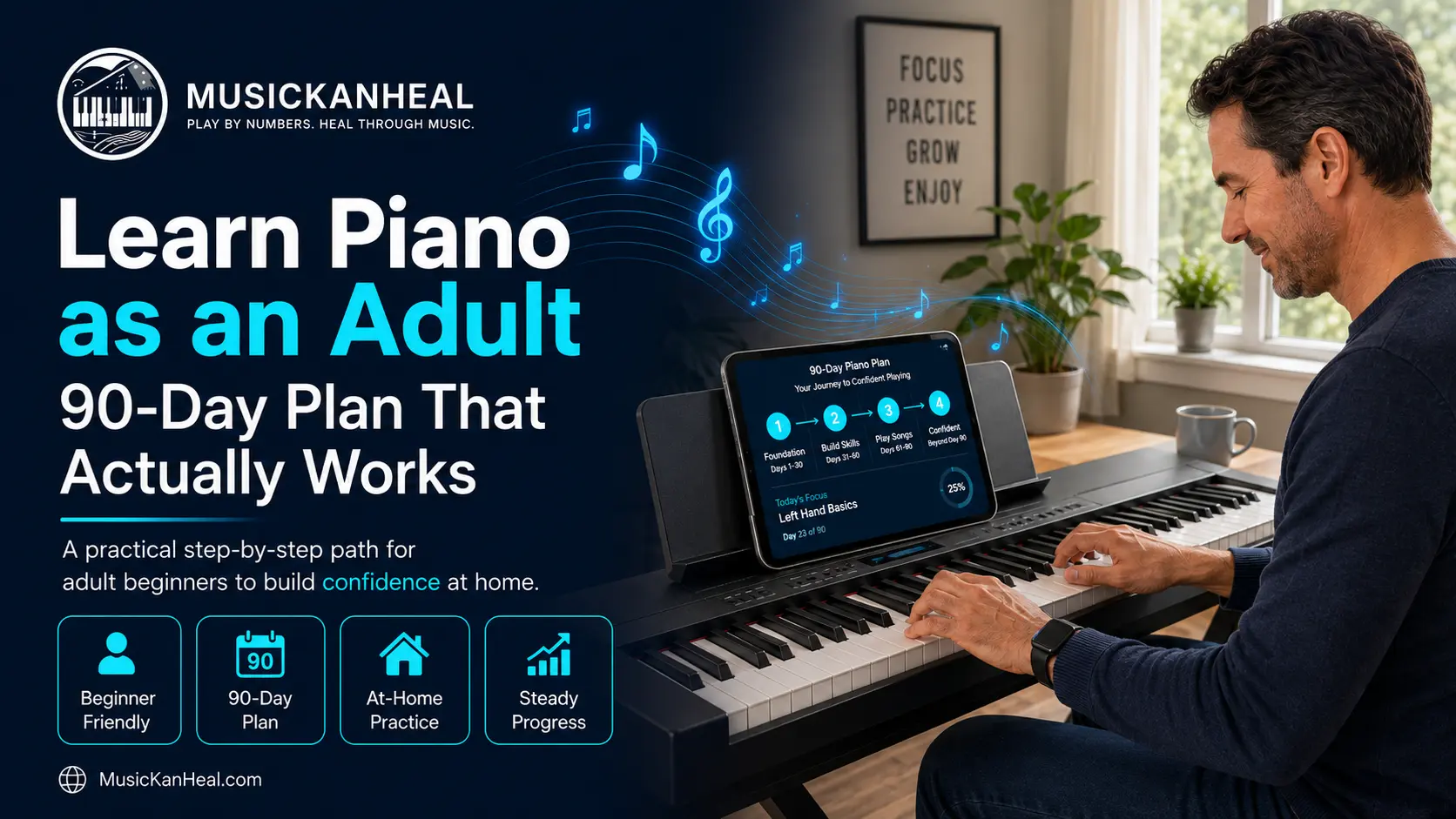 adult learning piano as a beginner on a digital keyboard at home