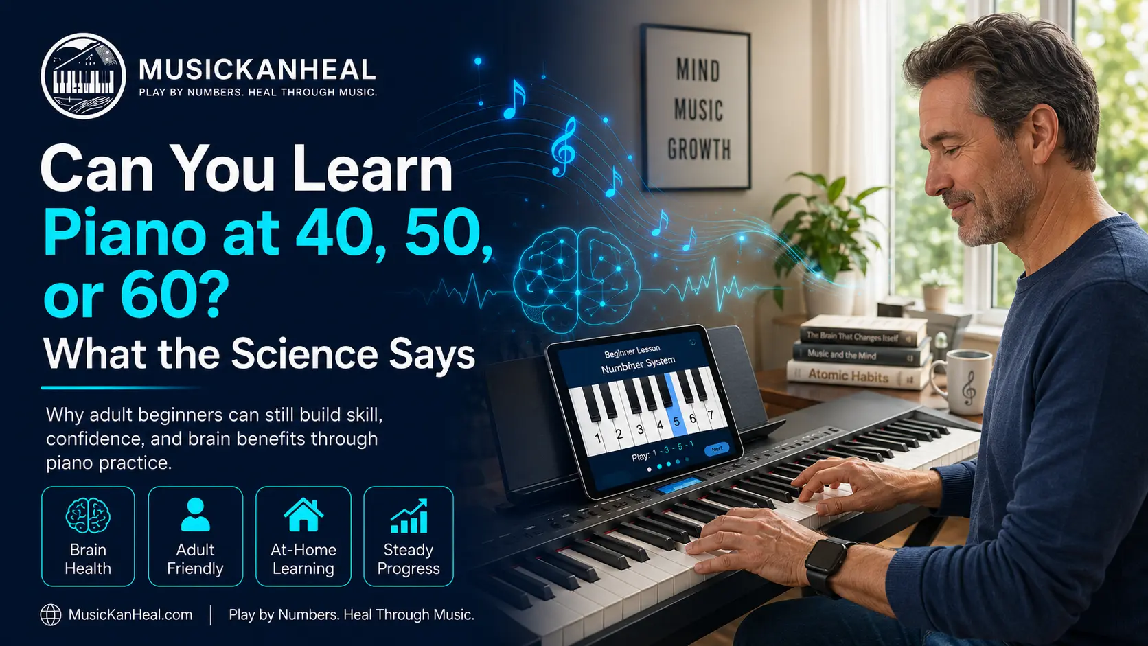 adult practicing to learn piano at 40 on a home keyboard