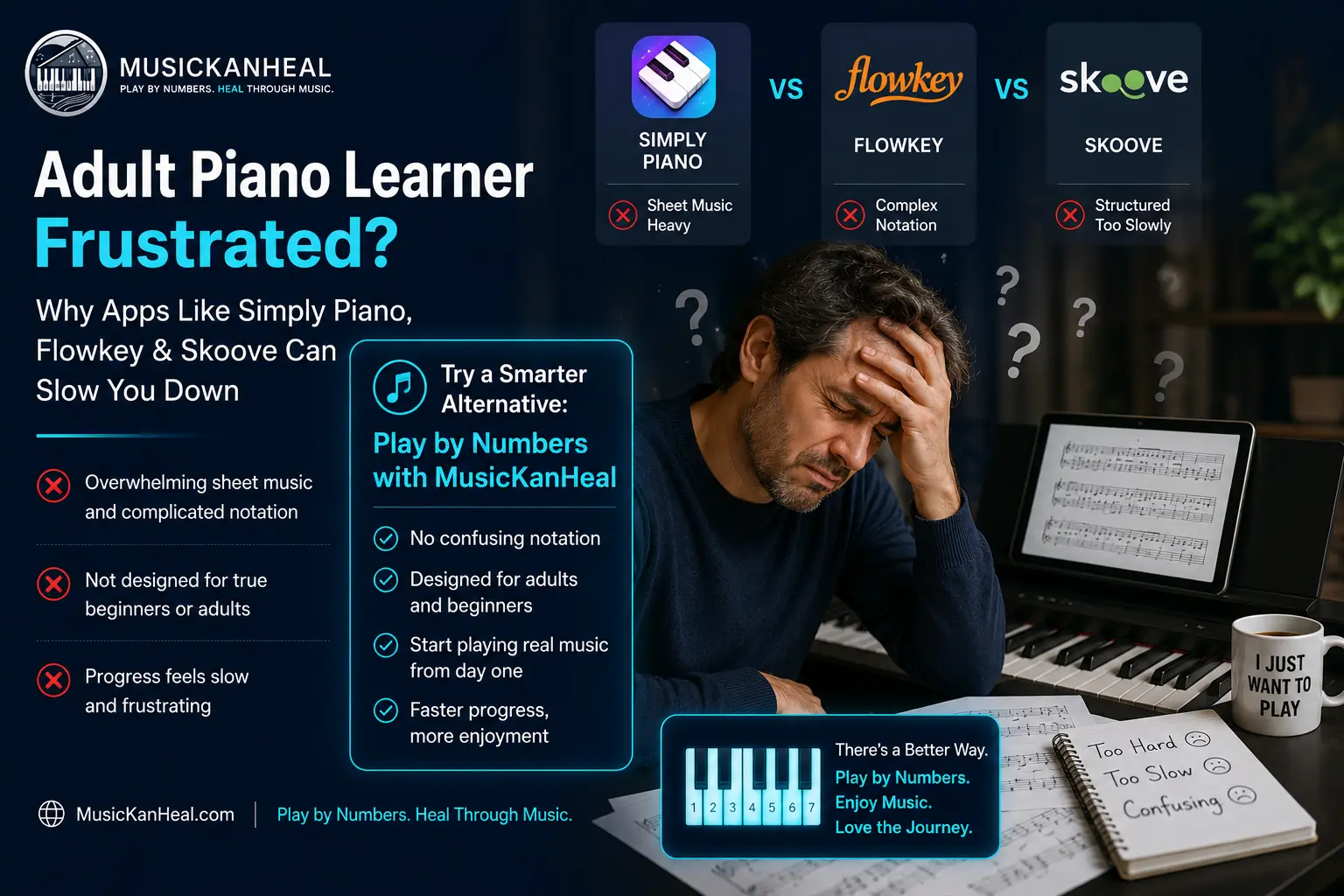 Adult piano learner frustrated with Simply Piano vs Flowkey vs Skoove sheet music approach