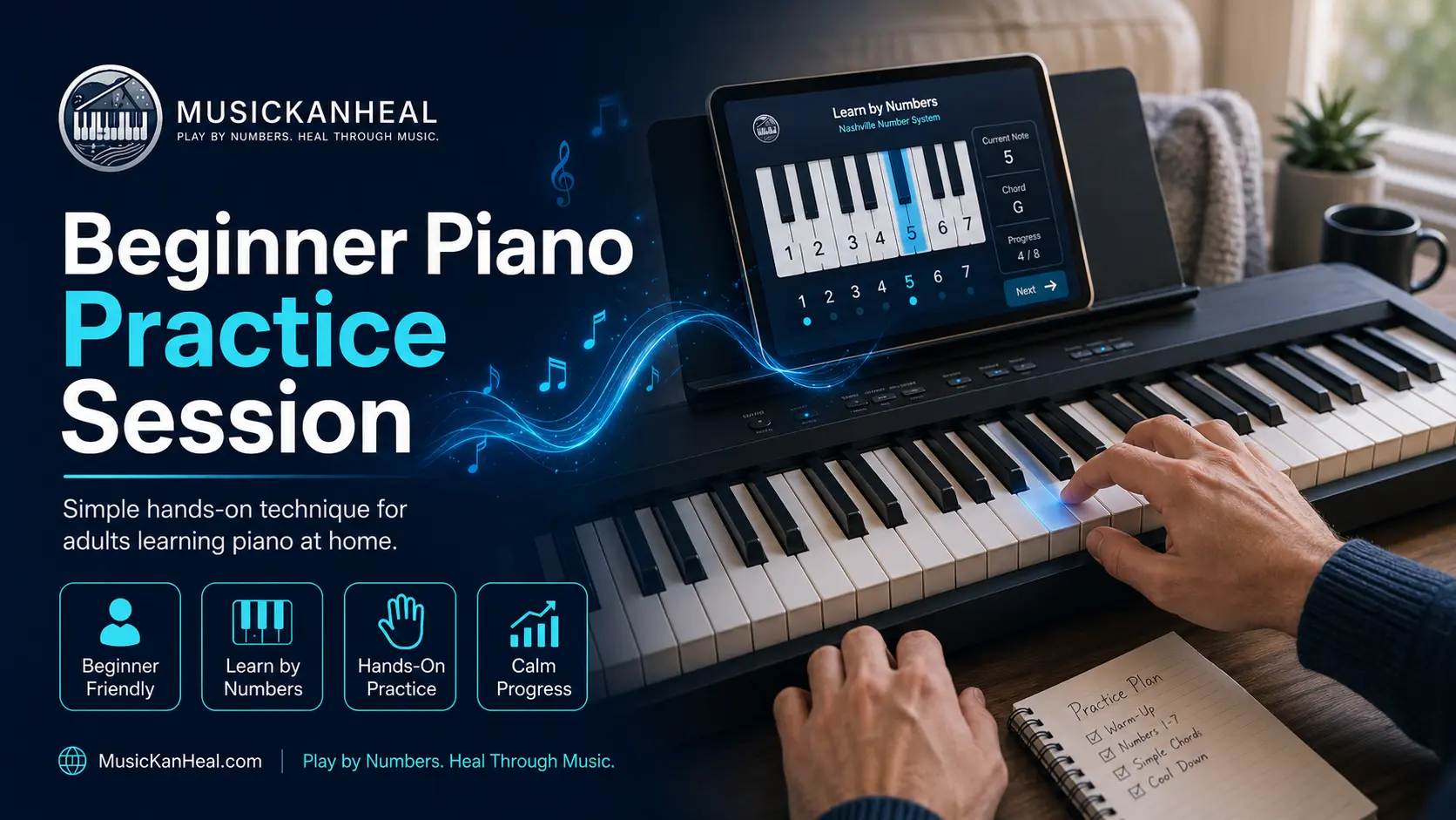 learn piano for beginners — hands-on piano keys showing beginner practice technique