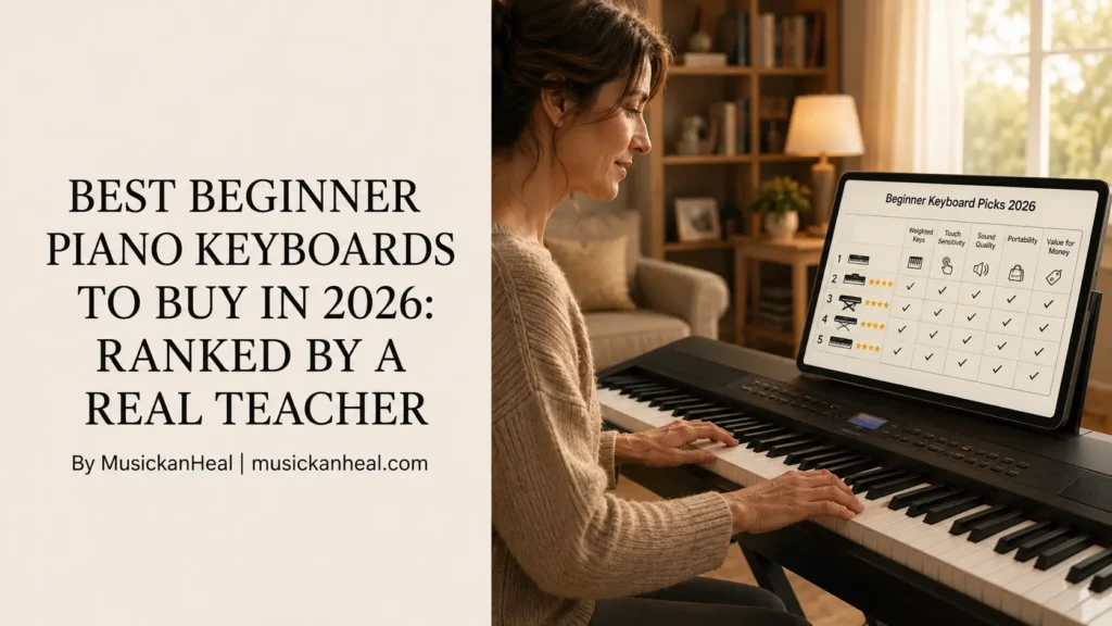 Adult beginner playing a digital piano while reviewing the best beginner piano keyboards to buy in 2026 on a tablet.