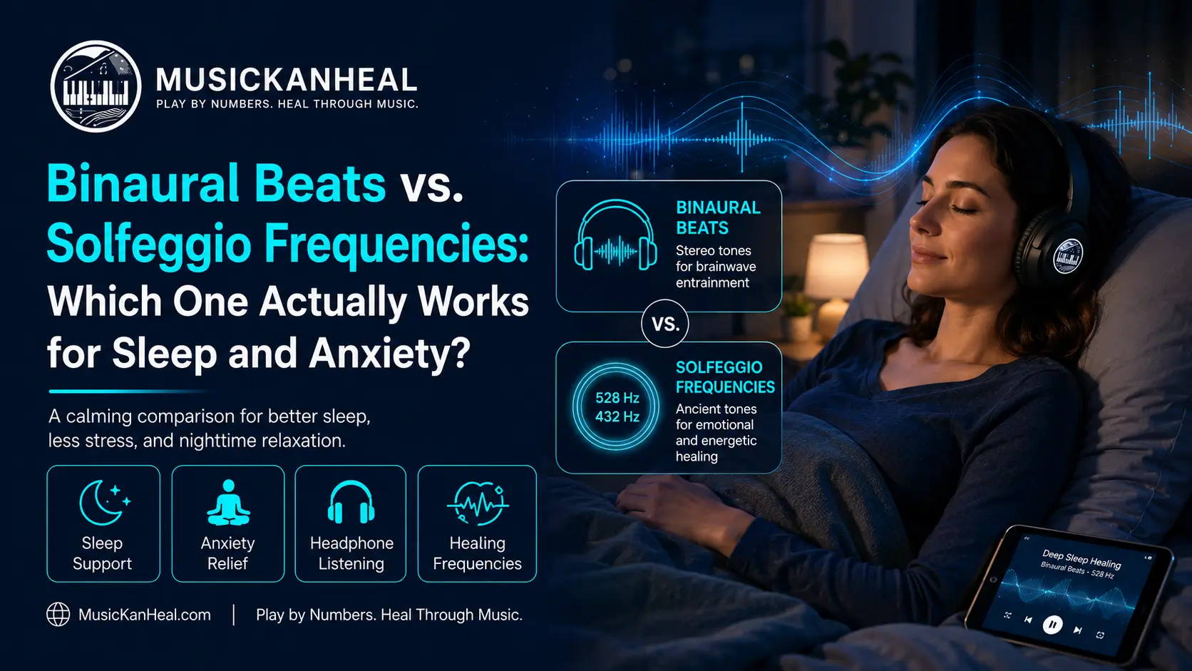 binaural beats vs solfeggio frequencies — person wearing headphones for binaural beats sleep therapy