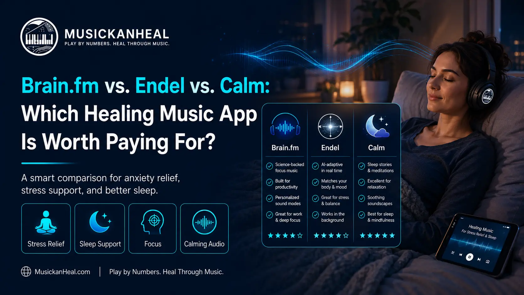 Brain.fm vs Endel vs Calm healing music app comparison for anxiety and stress relief
