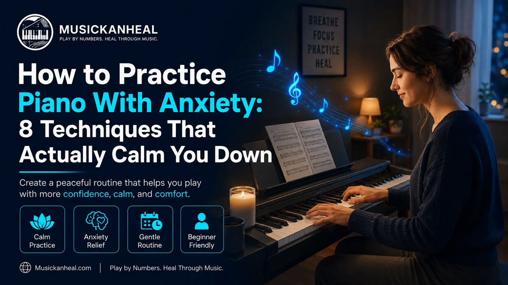 how to practice piano with anxiety shown by peaceful home practice environment with soft warm lighting