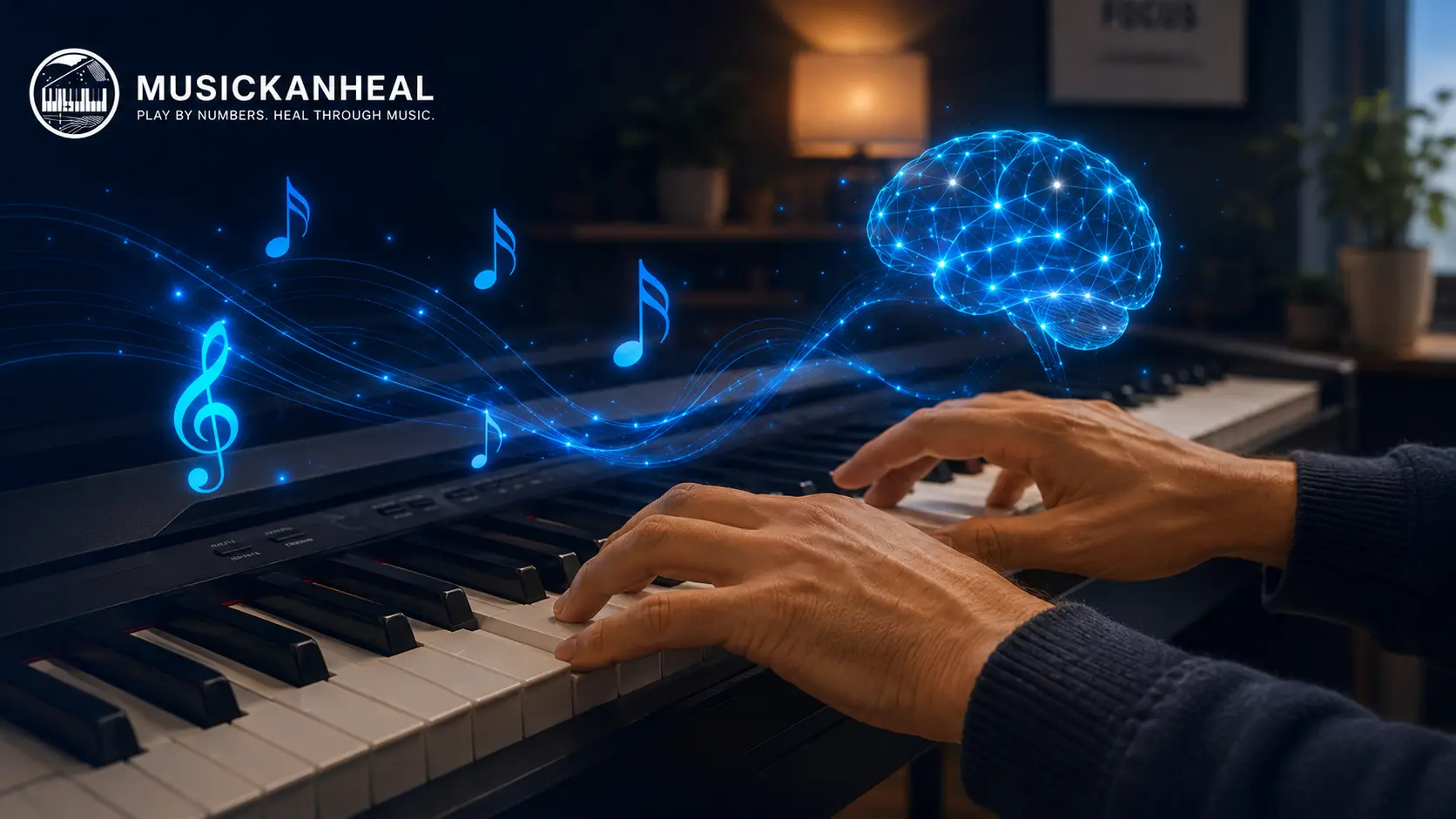 learning piano mental health benefits visible as adult hands practice chord on keyboard
