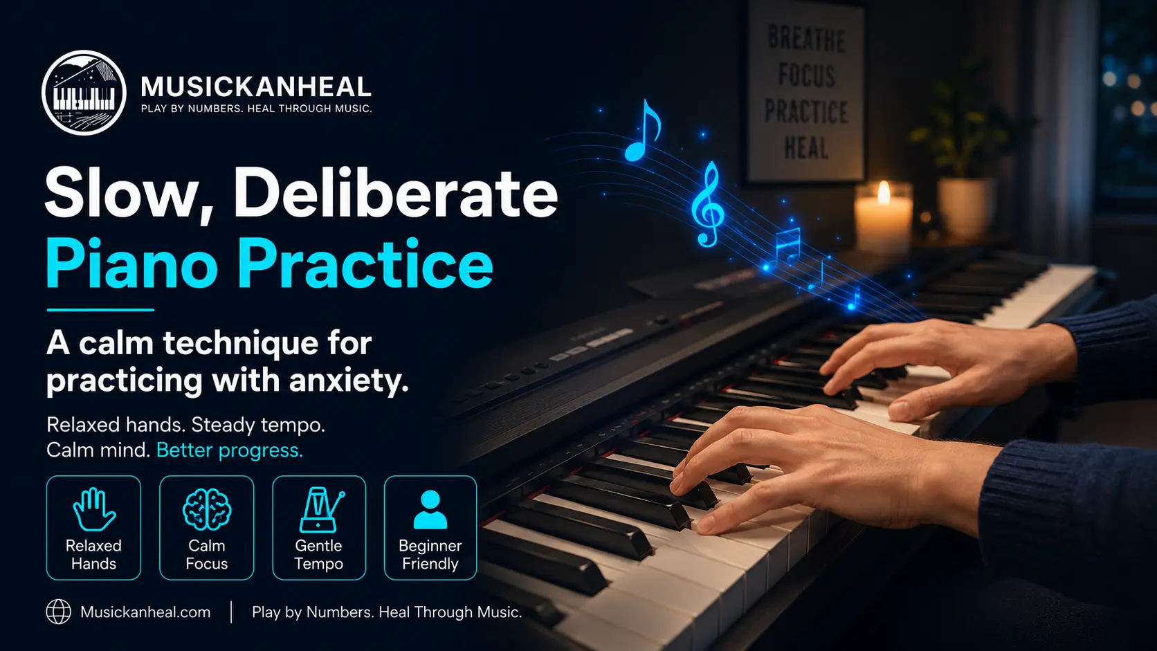 how to practice piano with anxiety using slow deliberate technique with relaxed hands on keyboard