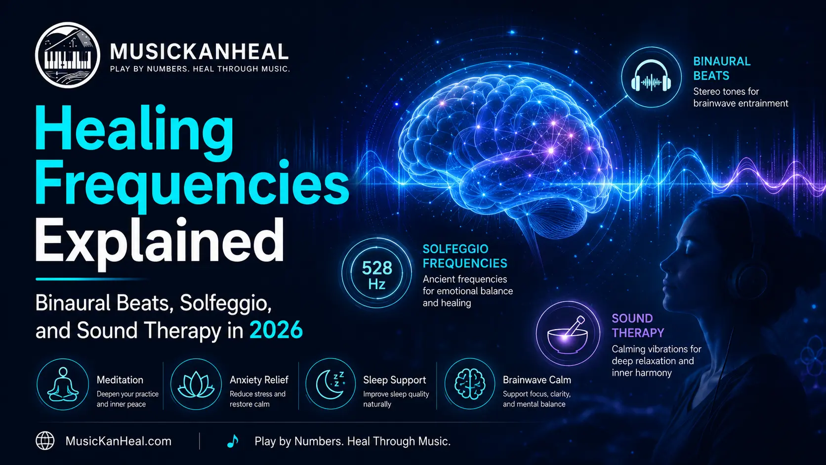 healing frequencies explained — sound waves and brainwave activity diagram for meditation and anxiety relief