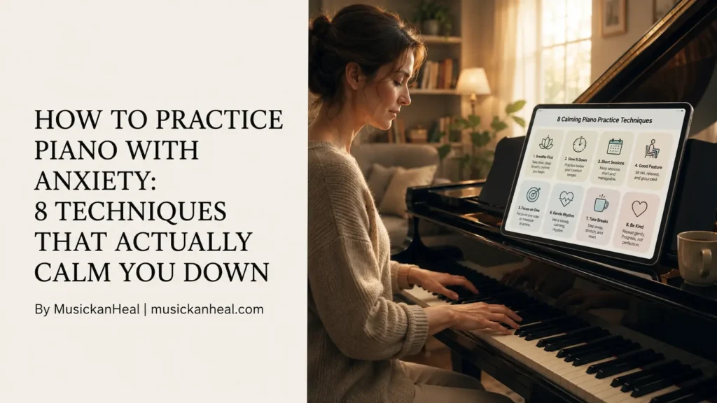 Woman practicing piano at home while following calming piano practice techniques displayed on a tablet for reducing anxiety and stress.