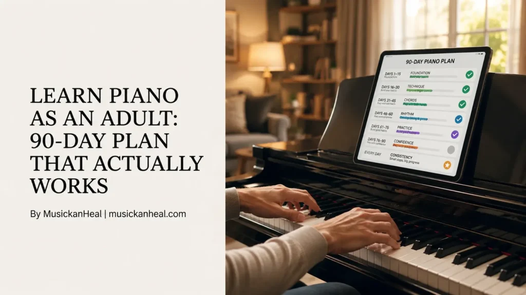 Adult practicing piano while following a structured 90-day learning roadmap on a tablet at home.