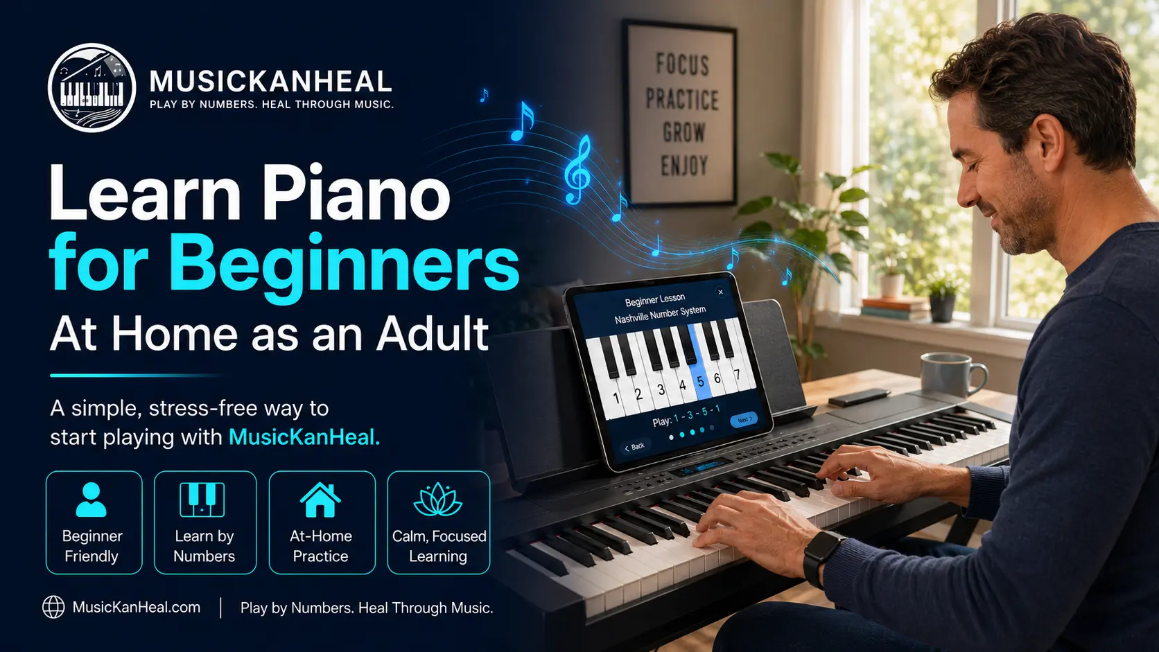 learn piano for beginners — adult sitting at keyboard at home with natural light