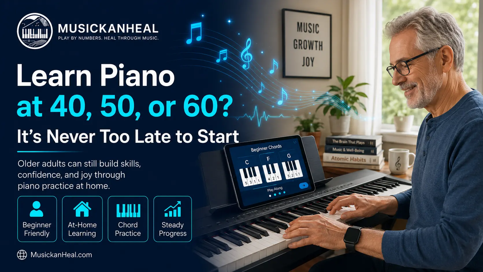 older adult proving it's never too late to learn piano at 40 or beyond
