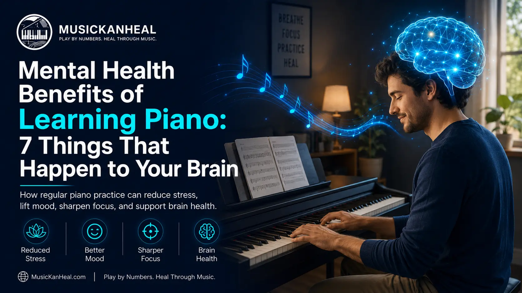 mental health benefits of learning piano illustrated by adult practicing at keyboard peacefully