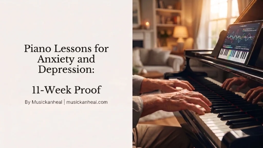 Adult practicing piano at home to reduce anxiety and depression through beginner piano lessons.