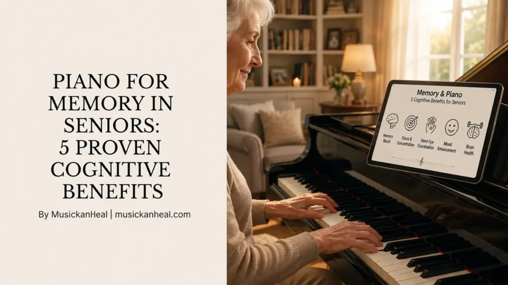 Senior woman playing piano while following a digital lesson demonstrating how piano practice improves memory, focus, and cognitive health in older ad