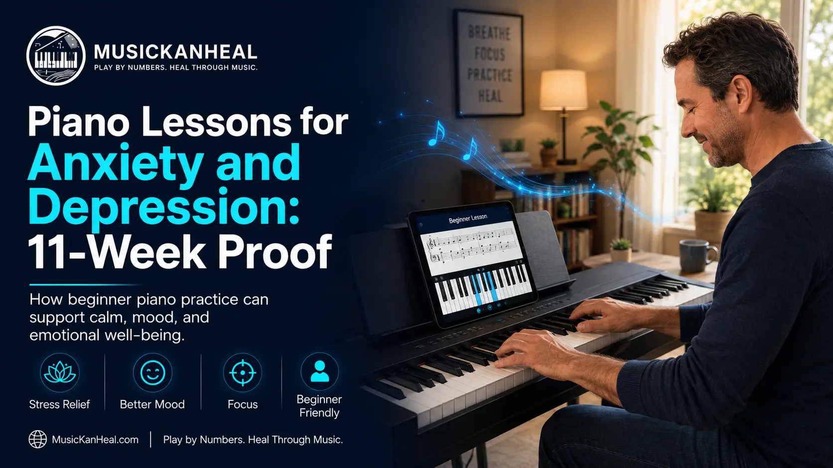 Adult beginner taking piano lessons for anxiety and depression relief