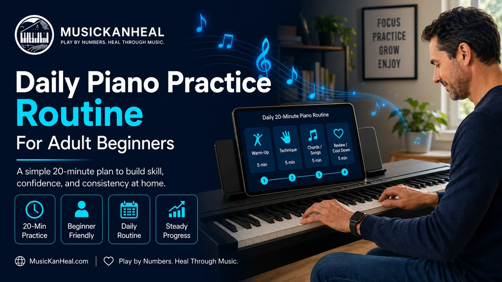 learn piano as an adult with a daily 20-minute practice schedule broken into phases