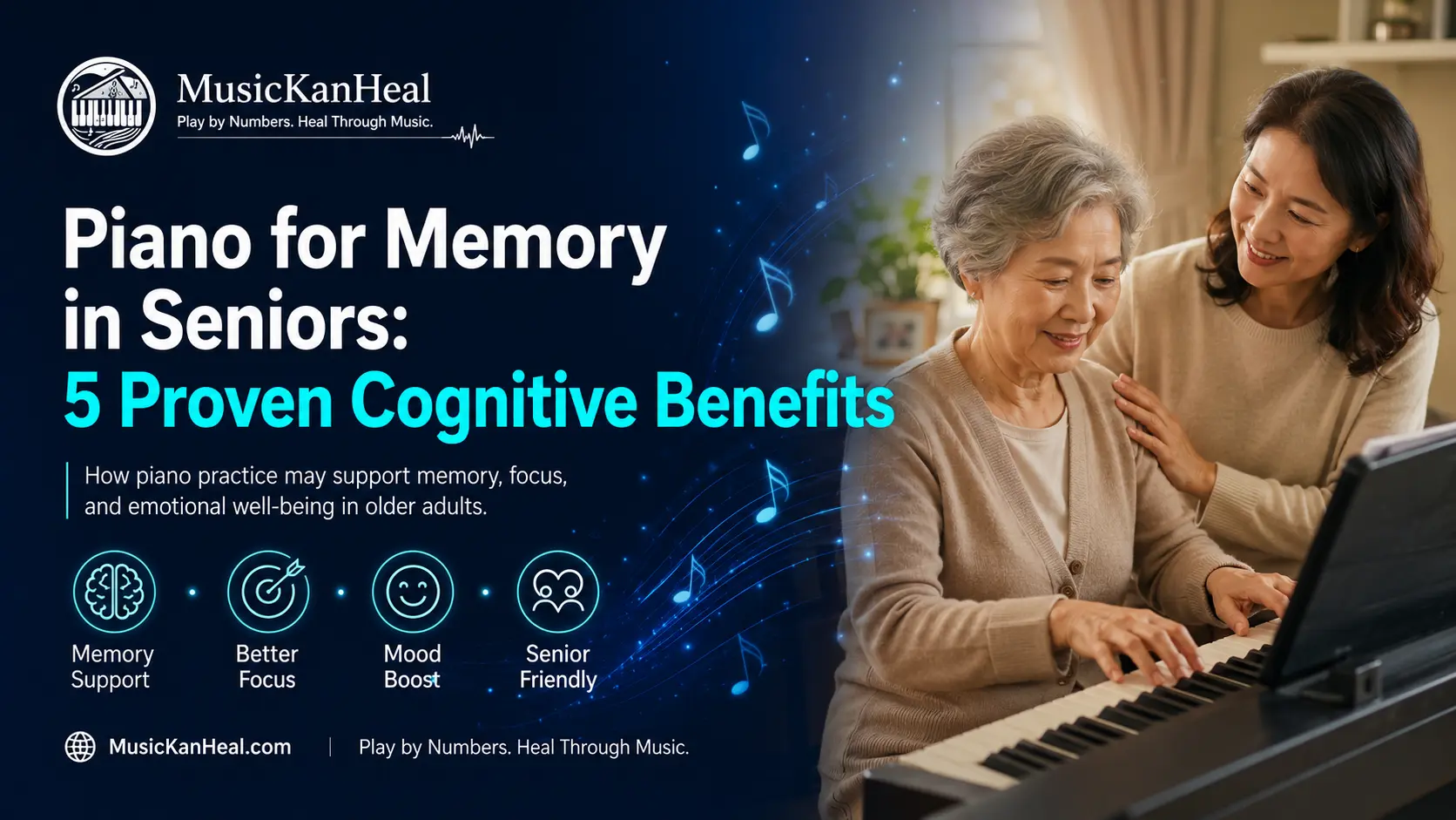 Adult child helping a senior parent try piano for memory in seniors