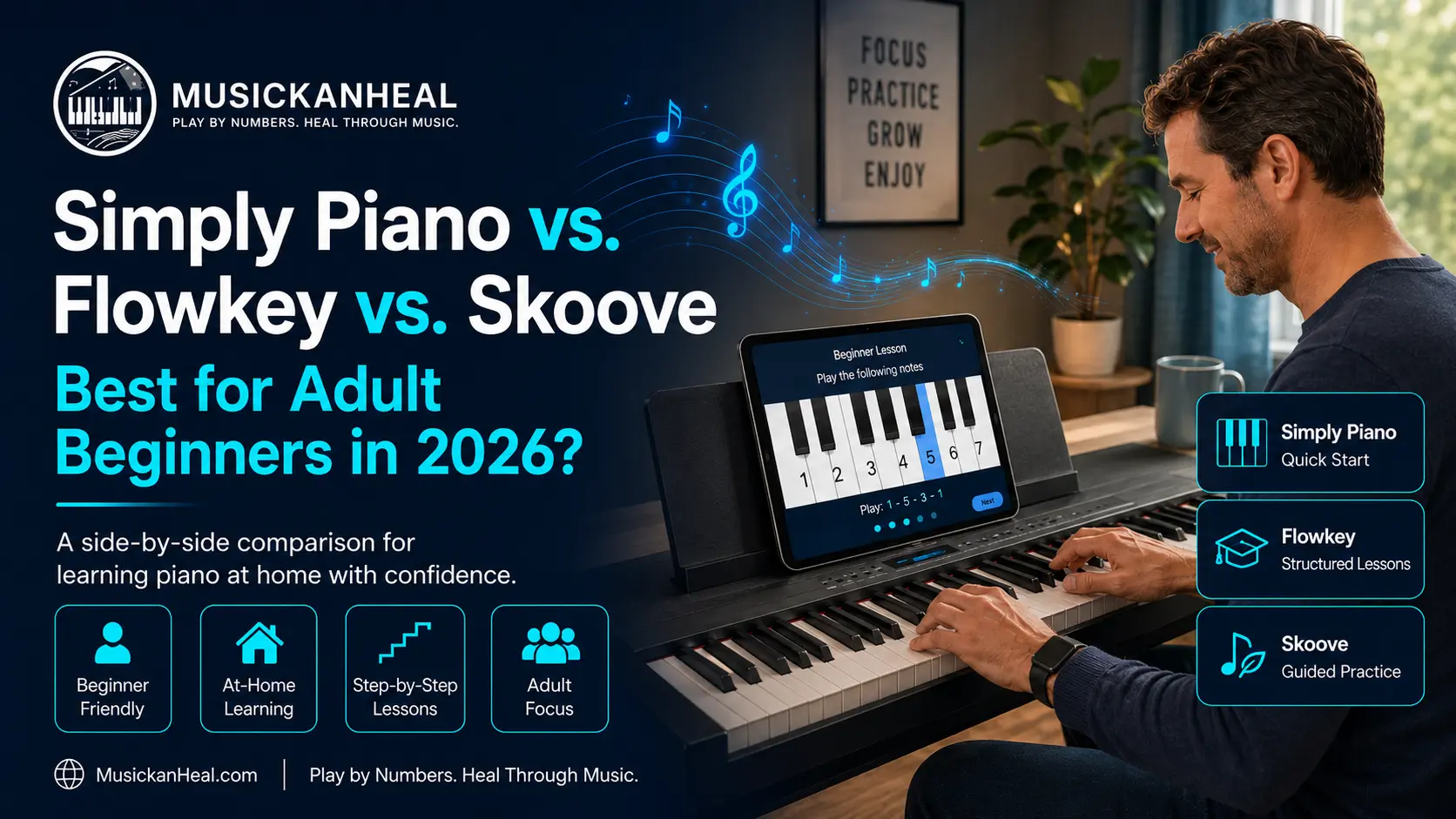 Simply Piano vs Flowkey vs Skoove side-by-side comparison for adult beginners