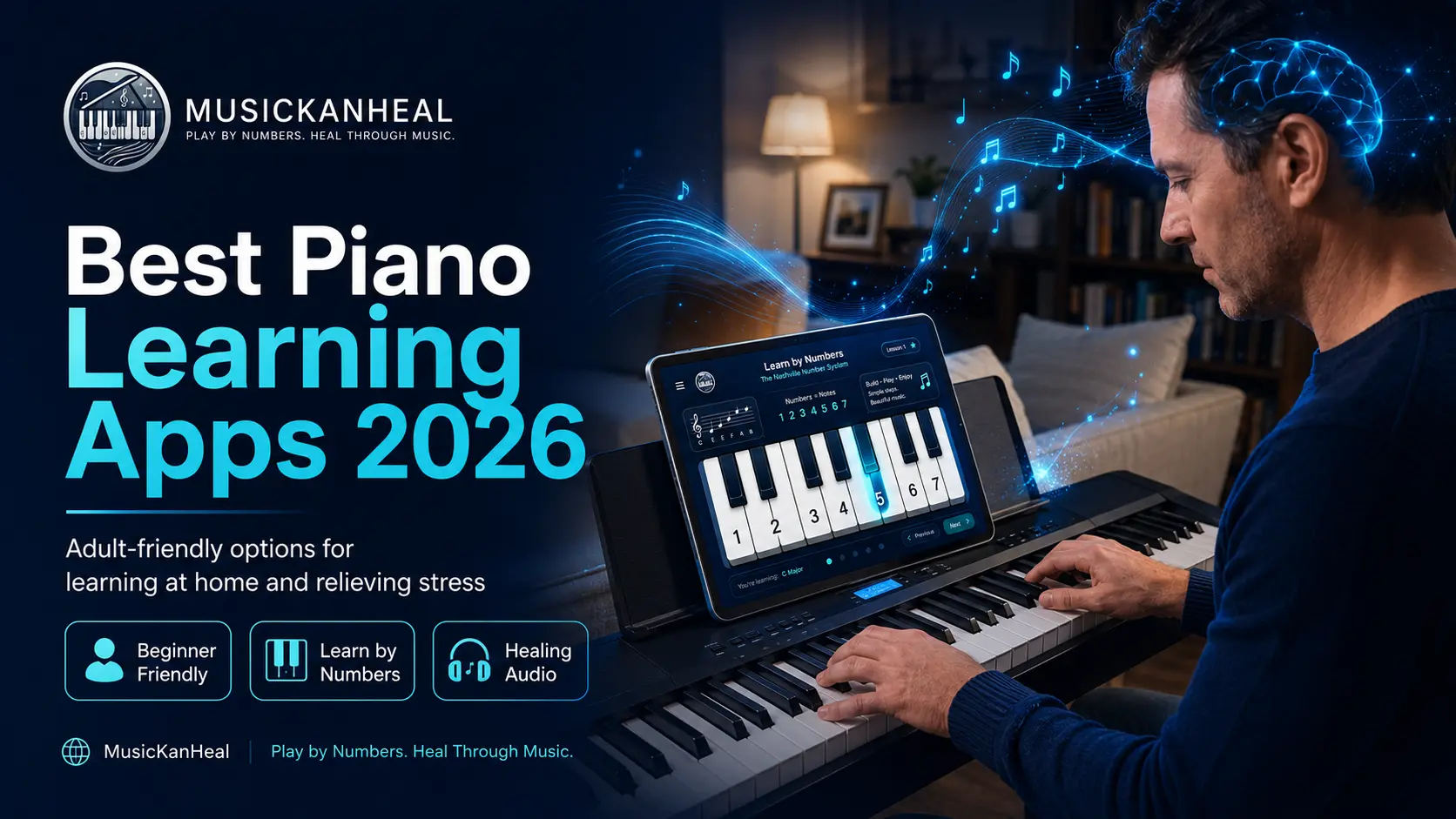 best piano learning apps 2026 — adult playing keyboard at home for stress relief